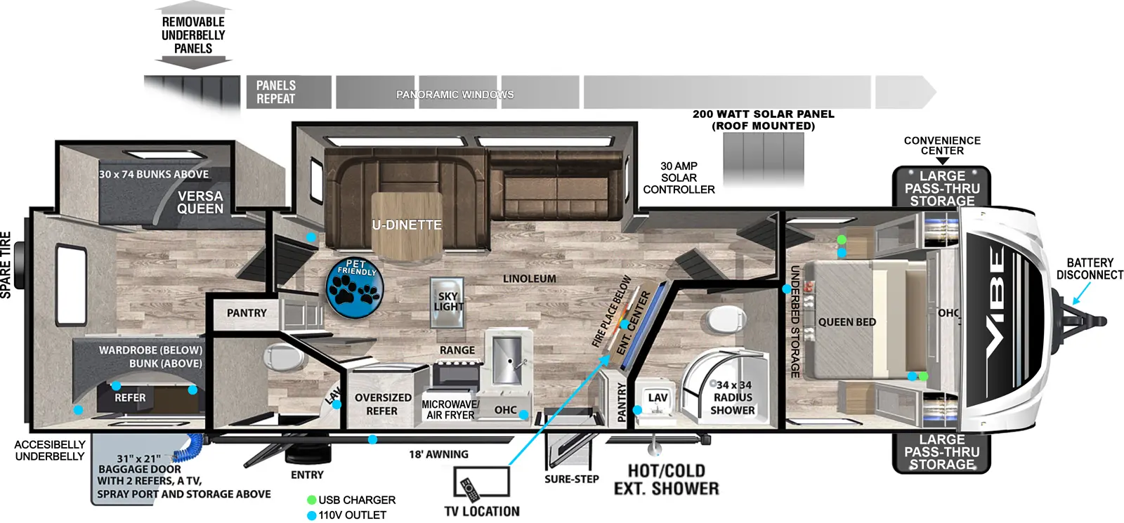 The 32BH has two slideouts and two entries. Exterior features battery disconnect, front pass-thru storage with convenience center, 30 amp solar controller, 18 foot awning, 200 watt roof-mounted solar panel, sure-step main entry step, spare tire, exterior baggage door with two refrigerators, TV and storage, hot/cold exterior shower, and removable underbelly panels. Interior layout front to back: foot-facing queen bed with underbed storage, and overhead cabinet; door side full bathroom with radius shower; entertainment center with fireplace below along angled inner wall; off-door side slideout with u-dinette, seating, and panoramic windows; pantry, entry, peninsula kitchen counter with sink wraps to door side with overhead cabinet, microwave/air fryer, range, skylight, and refrigerator; door side half-bathroom and second entry; rear bunk room with off-door side slideout with versa queen with bunks above, and door side upper bunk with wardrobe below. Pet friendly RV. Linoleum throughout.
